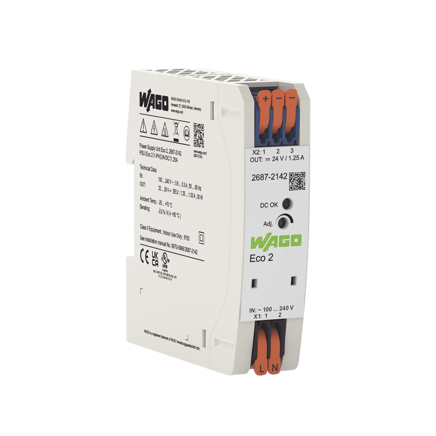 Fuente de Alimentación Eco 2, Monofásico, 24V DC 1.25A, 30W, SELV/PELV, Push-in CAGE CLAMP®, Carril DIN, IP20, MTBF >1.000.000h