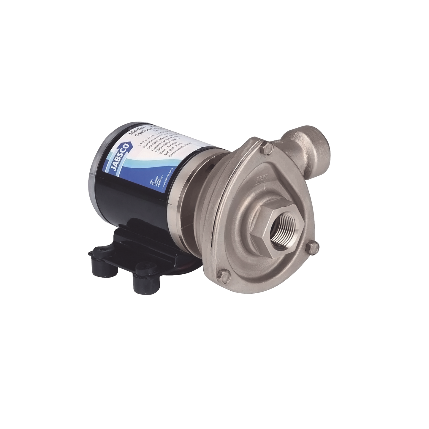 Bomba centrifuga Cyclone de baja presión a 12 Vcd, caudal de hasta 29 GPM, presión máxima de 8.7 psi, en acero inoxidable.