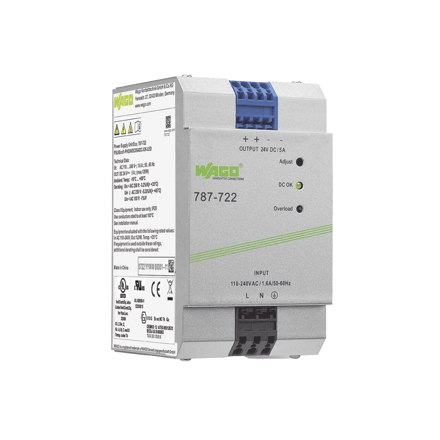 Fuente de Alimentación ECO, Monofásica, 24V DC, 5A, 120W, PFC Activo, SELV/PELV, Montaje Carril DIN, CAGE CLAMP®, Protección Integral