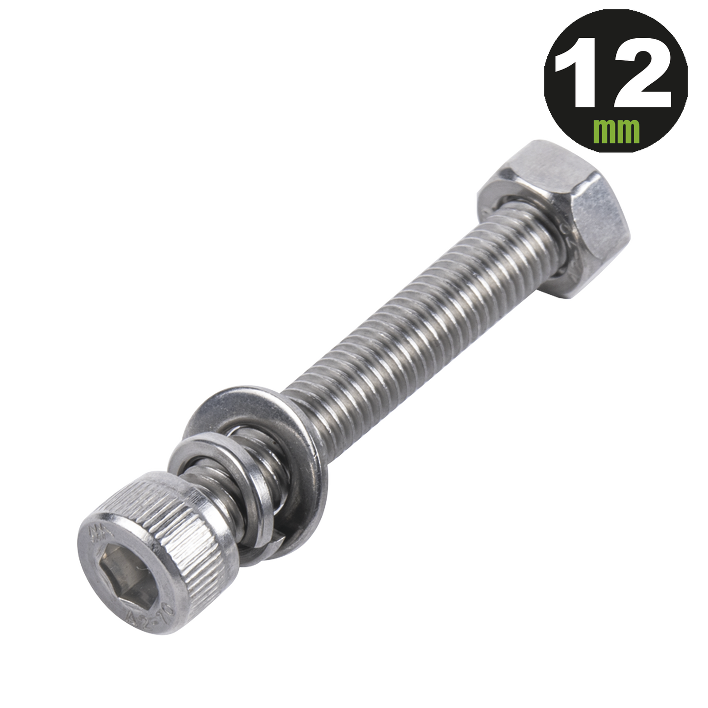 1 Tornillo Allen Milimétrico de Acero Inoxidable M8-1.25 x 12/ Con 1 Tuerca, 1 Arandela de Presión y 1 Plana / Para Montajes de Módulos Foto Voltaicos .