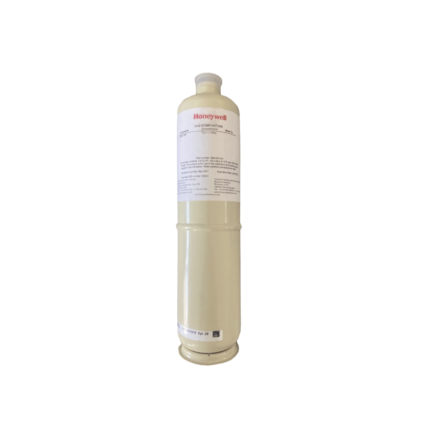 Cilindro Para Calibración De Aire Cero, Concentración 20.9% V/V, Capacidad 103 L, Dimensiones 5/8" x 18" Para Serie XNX/XCD/S3K Gases Tóxicos