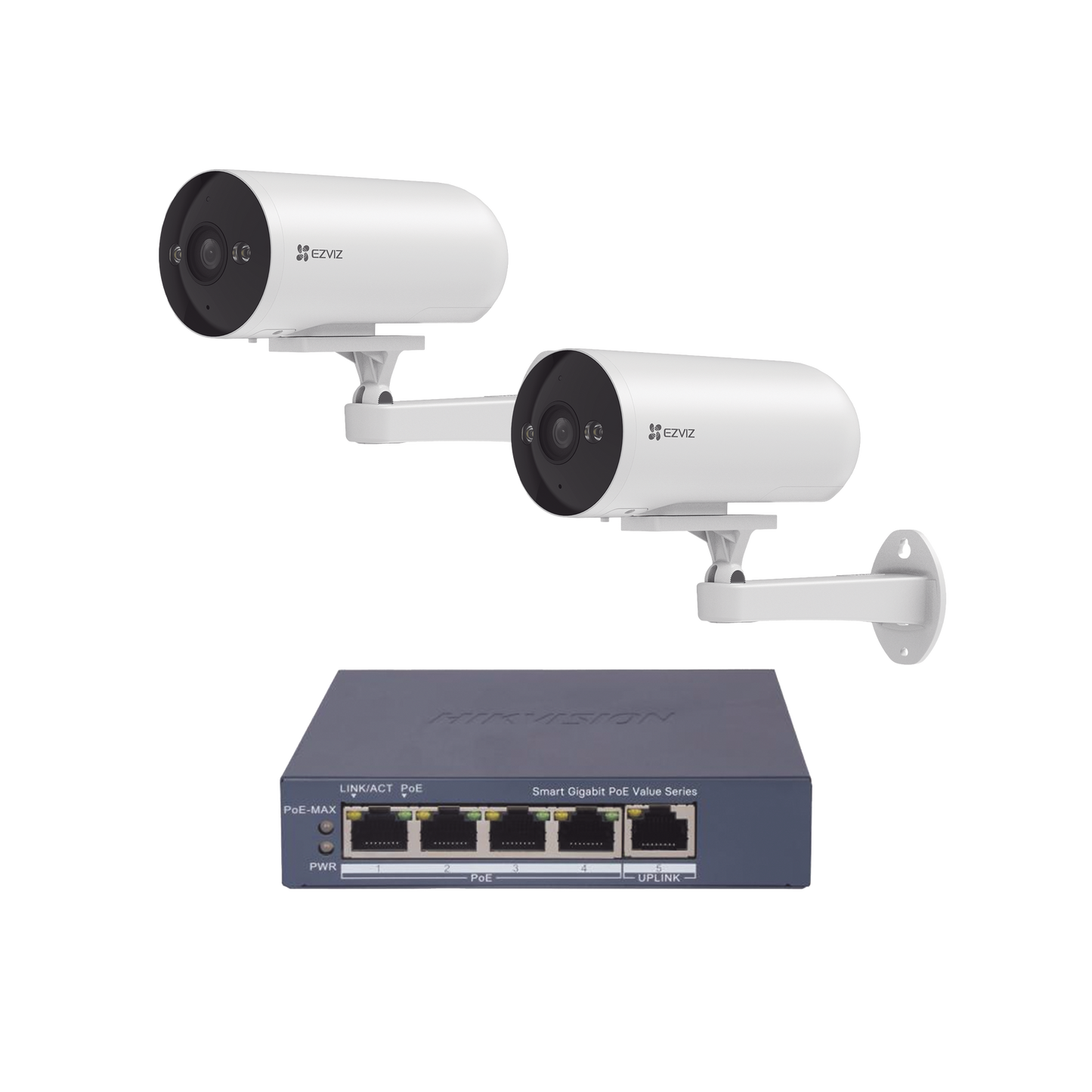 Kit de cámaras PoE Para Uso en Exterior / PoE Estandar Af / 2 piezas CS-H5/3MP/ 1 Pieza de Switch DS-3E1505P-EI/M / Vision Nocturna a Color / IP67 / Audio Bidireccional / Luz y Sirena / 4 Puertos 1000 Mbps PoE+ / 1 Puerto 1000 Mbps Uplink
