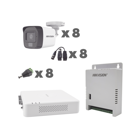 KIT TurboHD 1080p / DVR 8 Canales con audio por coaxitron / 8 Cámaras con Micrófono Integrado 101° Visión/ luz blanca + IR visión nocturna / Transceptores / Conectores / Fuente de Poder Profesional