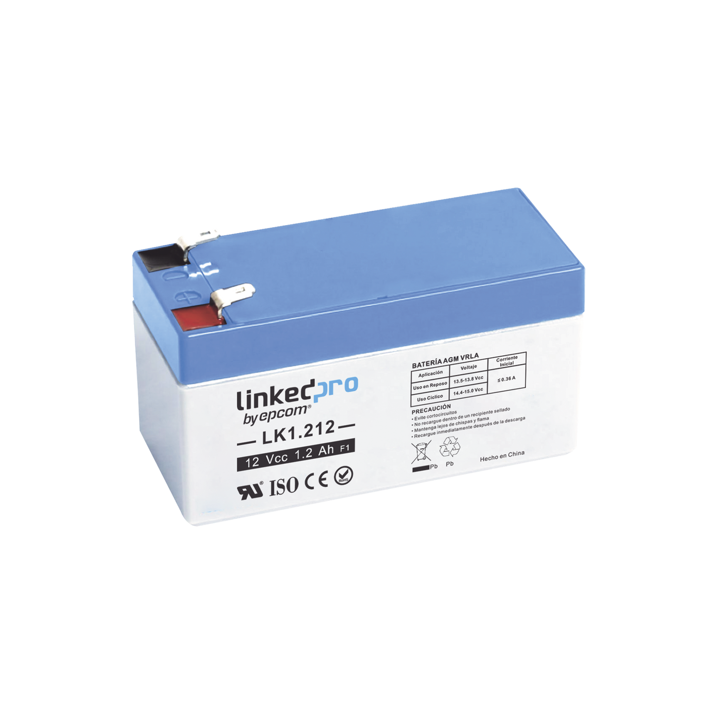 Batería 12 V / 1.2 Ah / UL / 5 Años vida útil promedio / Para uso en equipo electrónico /Alarmas de Intrusión / Incendio/ Control de acceso / Video Vigilancia / Terminales F1 ( Incluye adaptador F2 )