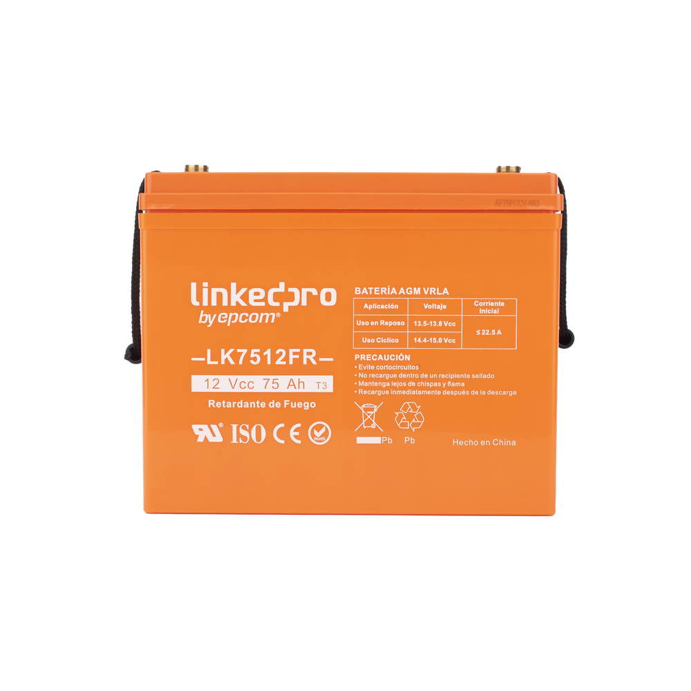 Batería 12 V / 75 Ah / UL / Tecnología AGM-VRLA / Vida útil promedio de 5 años / Retardo a la flama / Para uso en equipo electrónico, Alarmas de Intrusión / Incendio/ Control de acceso / Video Vigilancia / Termina