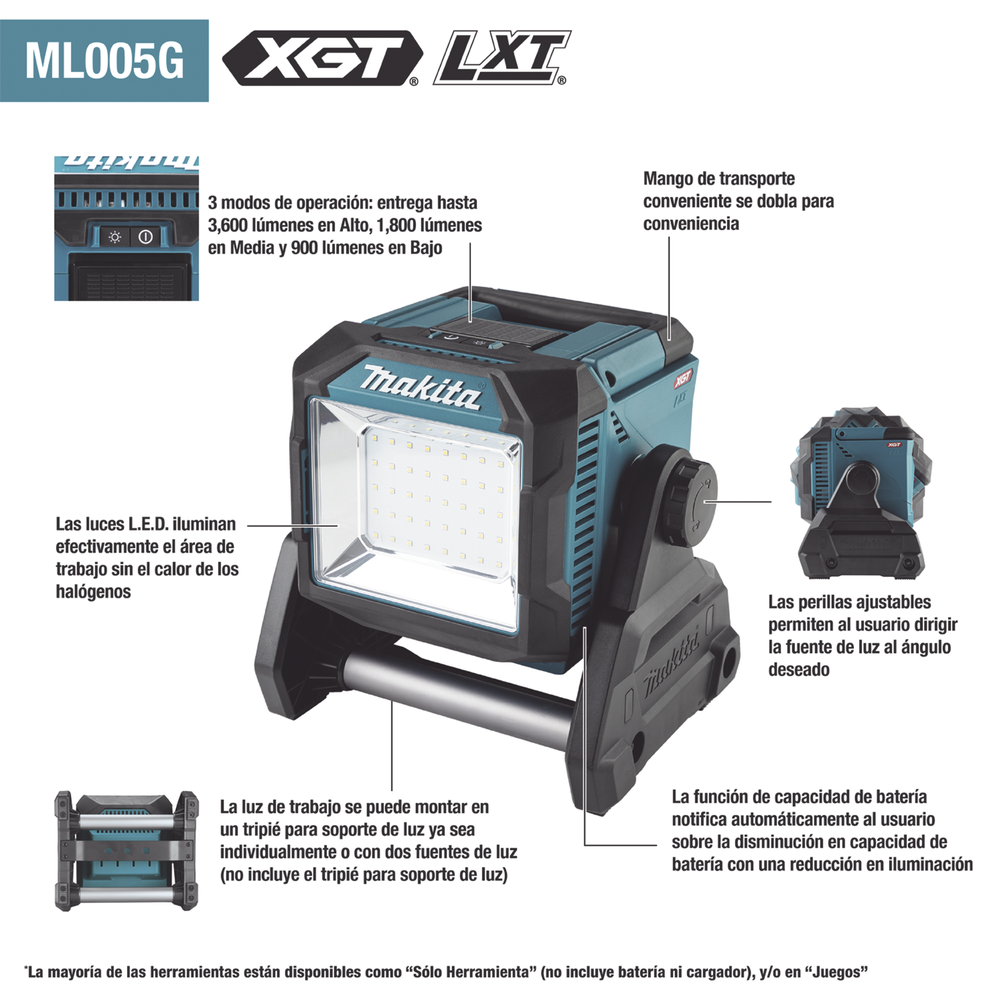 Luz de Trabajo Inalámbrica Utiliza Batria XGT® de 40V o LXT® Litio�??Ion de 18V.