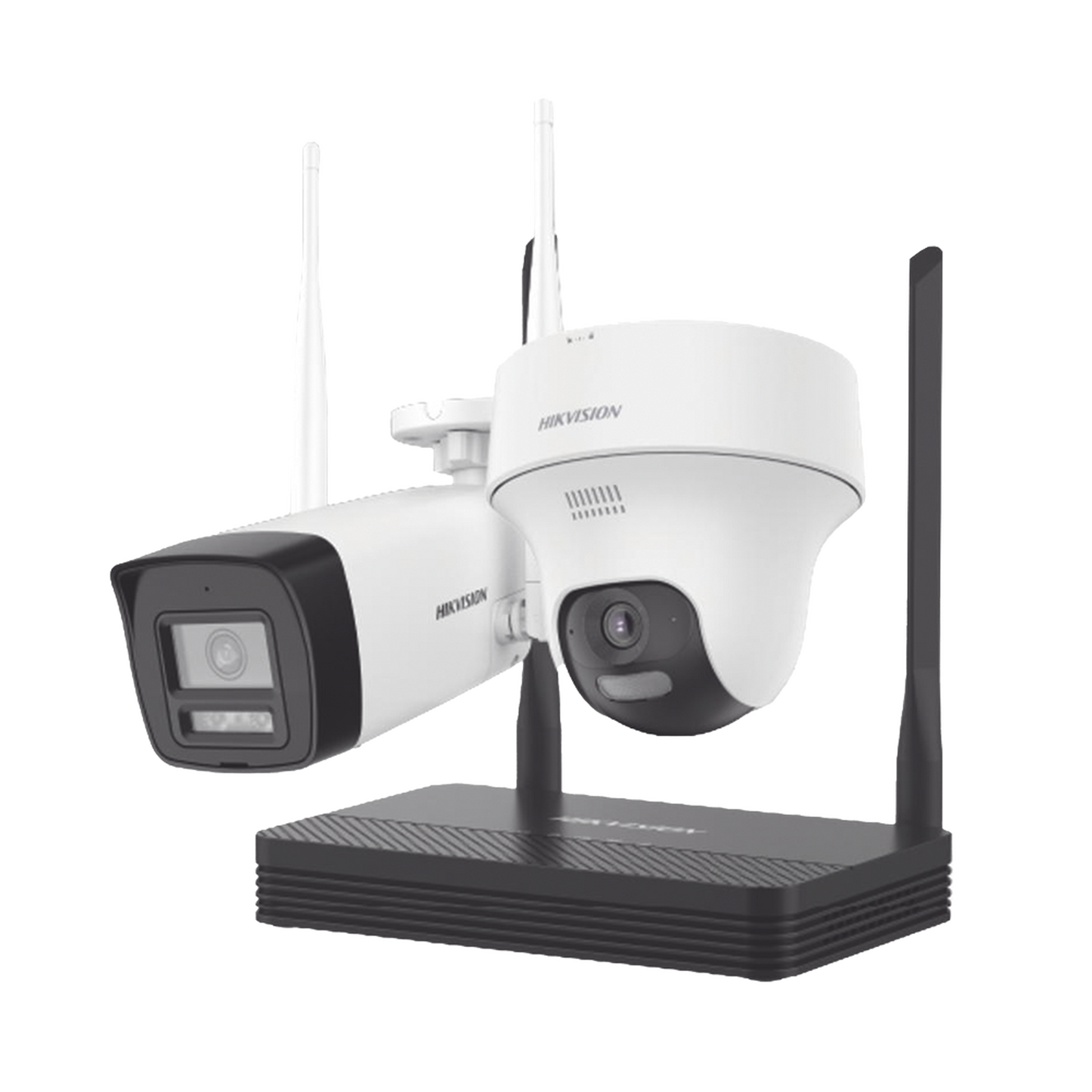 Kit IP Inalámbrico 2 Megapíxel / NVS 4 Canales / 1 Cámara Bala Exterior + 1 Cámara Turret Interior con Lente 2.8 mm y Dual Light / Audio Bidireccional (Micrófono y Bocina) / Soporta Micro SD de 512 GB