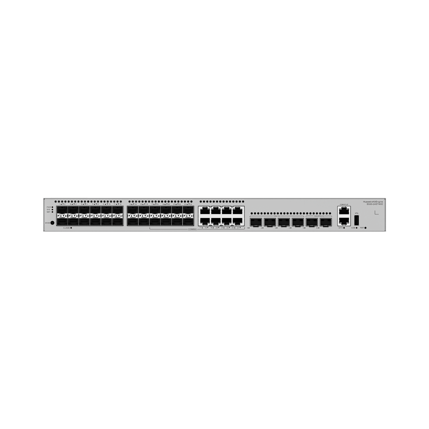 Switch Empresarial Core Gigabit Administrable Capa 3 / 24 puertos 1GE SFP ( Combo con 8 Puertos 10/100/1000 Mbps) / 4 Puertos 10GE SFP+ Uplink / 2 Puertos 10GE SFP+ (Stack) / ERPS / Ruteo Dinámico (RIP, OSPF, IS-IS y BGP) / iStack / Administraci&