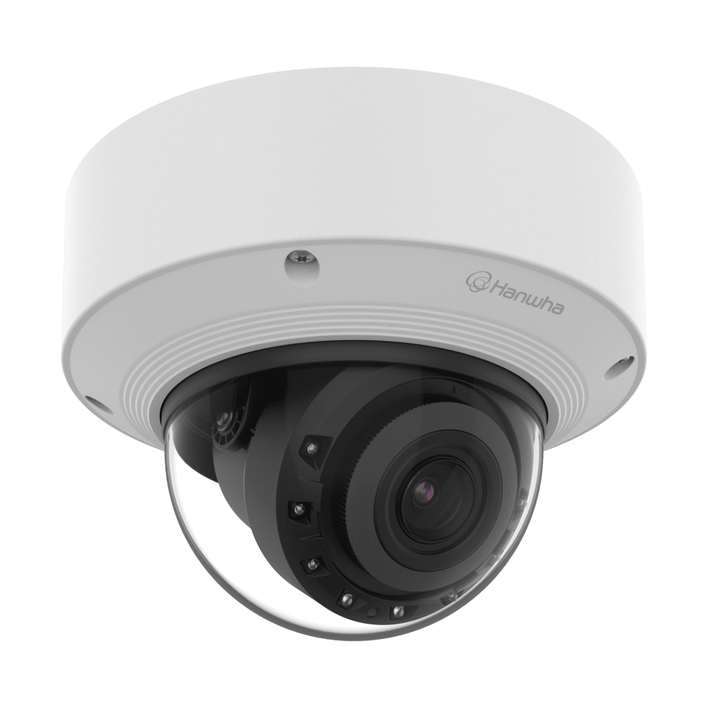 Cámara Domo Vandalismo AI 5MP / IR 50 m (164 ft) / Lente Motorizado 3.3-9.3 mm 2.8x / Doble NPU / Análisis Inteligente IA / IP67 IK10 NEMA4X / Wisenet 9