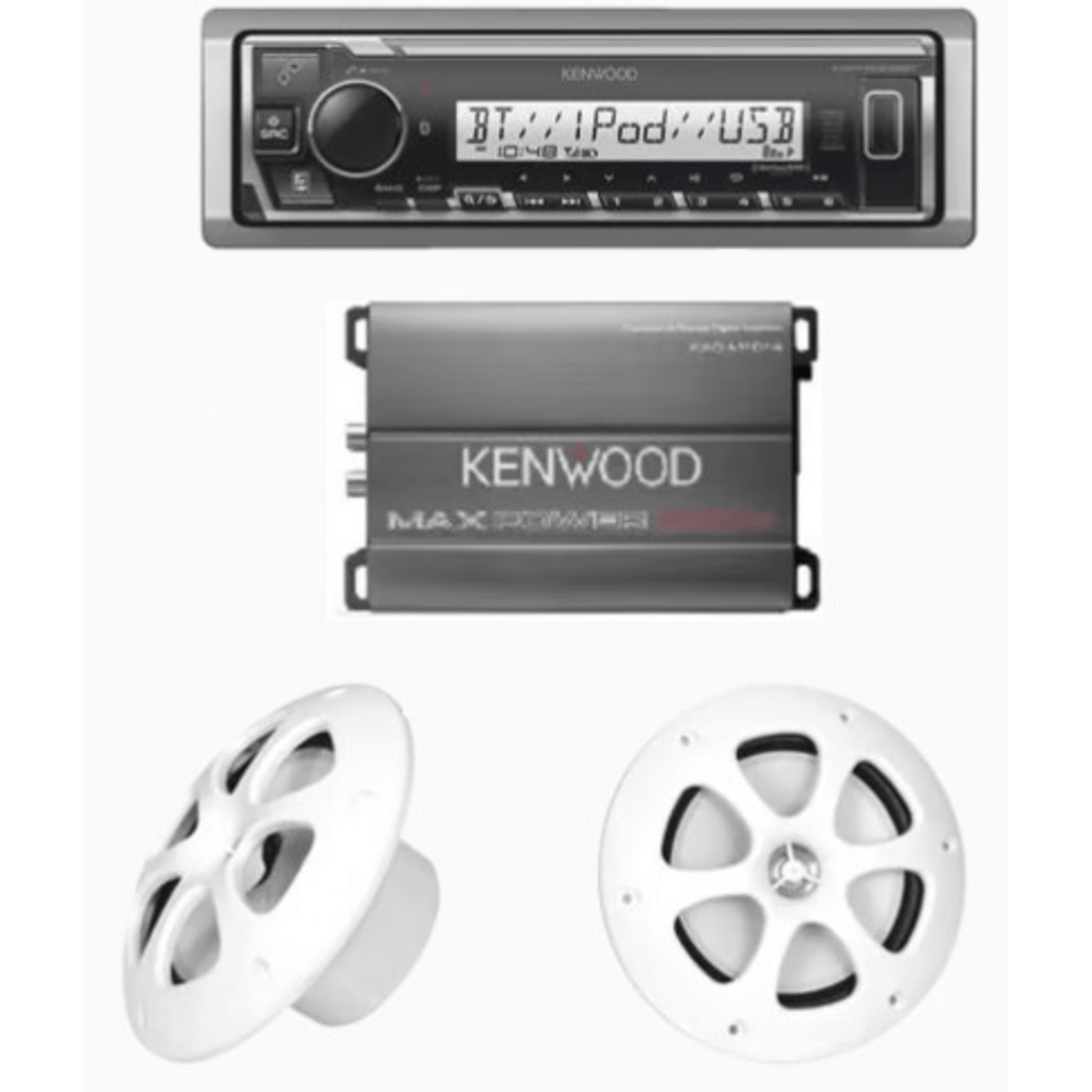 Kit de estereo con Bluetooth KMR-M332BT | Amplificador KAC-M1814 | mas Par de bocinas KFC-1613MRW