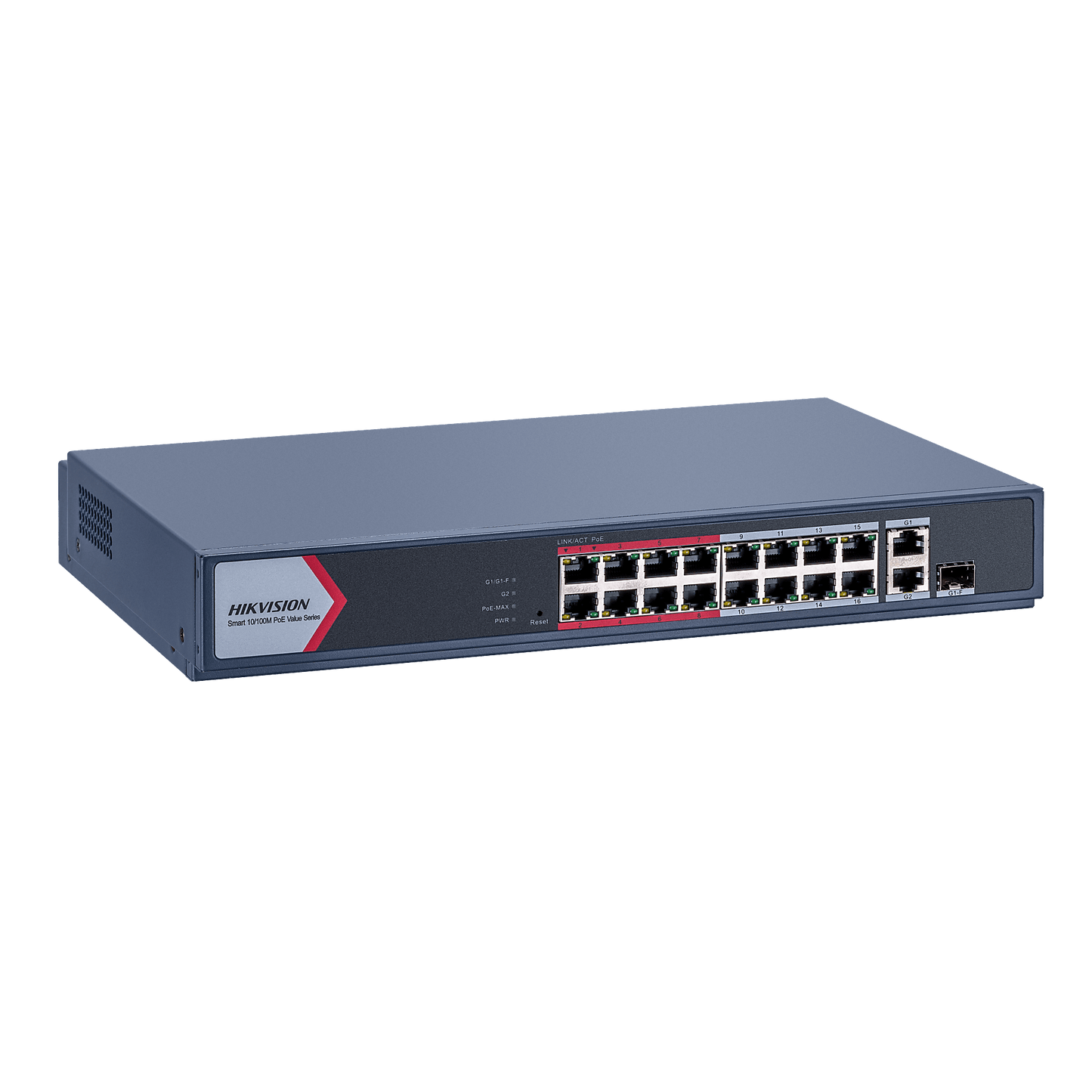 Switch PoE+ / No Administrable / 16 Puertos 10/100 Mbps PoE+ / 2 Puertos 1000 Mbps Uplink / 1 Puerto SFP Uplink / Modo Extendido hasta 300 Metros / 130 W