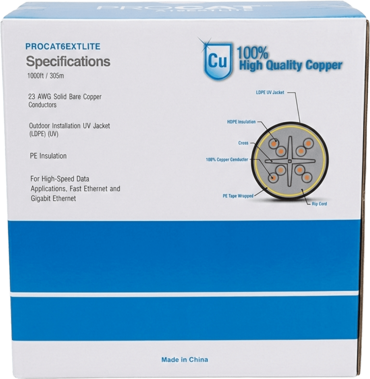 Bobina de cable 305 Metros Cat6+ CALIBRE 23, Climas EXTREMOS, Color negro, sin blindar, para intemperie.