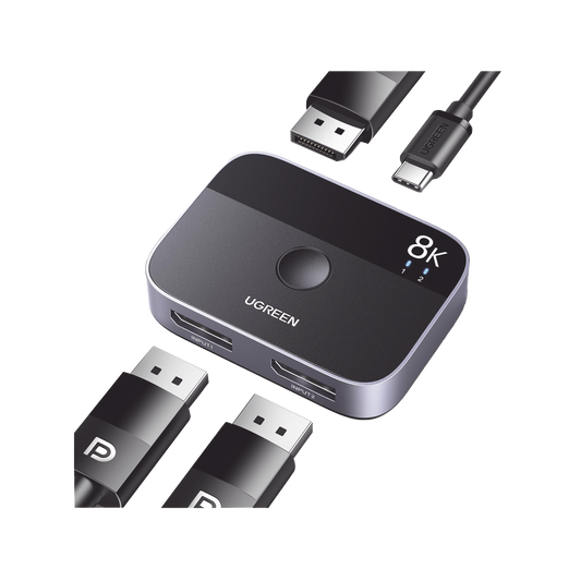 Conmutador DP 1.4 8K | Display Port Splitter 2 Entradas a 1 Salida | Bidireccional | 3D | HDR10+ | Dolby Atmos | 240Hz | 48Gbps | Compatible Free-Sync/G-Syng | Sincronización de Audio | Potentes Chips de Última Generación.