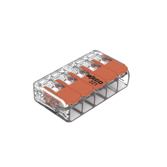 Conector Eléctrico con Palancas WAGO 221-415, 5 Conductores, 32A 450V, CAGE CLAMP®, Policarbonato Transparente, T85, UL/ENEC Certificado