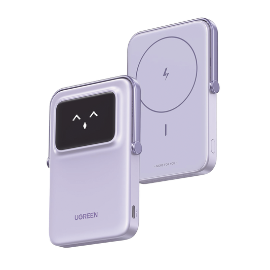 Power Bank Serie UNO Inalambrico | 10000mAh | 7.5W/20W  |  Con Emojis de Estado | Carga Rápida USB-C Bidireccional  | Pantalla TFT  Inteligente | Con Holder | Color Purple.