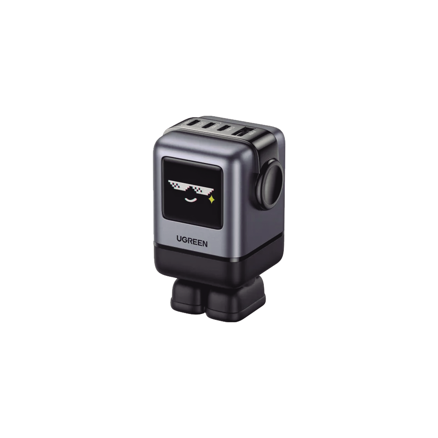 Cargador RobotGaN de 100W Serie UNO | 4 Puertos de Carga Rápida | 3 USB-C | 1 USB-A | PD 3.0 | QC 4.0 | Carga Inteligente | Tecnología GaN II | Zapato Magnético Extraíble | Carcasa Ignifuga | Pantalla LED
