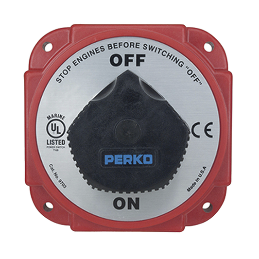 Interruptor Desconexión Batería 9703 con Desconexión Campo Alternador, 480 Amperios Continuos, 1200 Amperios Intermitentes, 6-32 VDC, Terminales 1/2 Pulgada, Montaje Marino