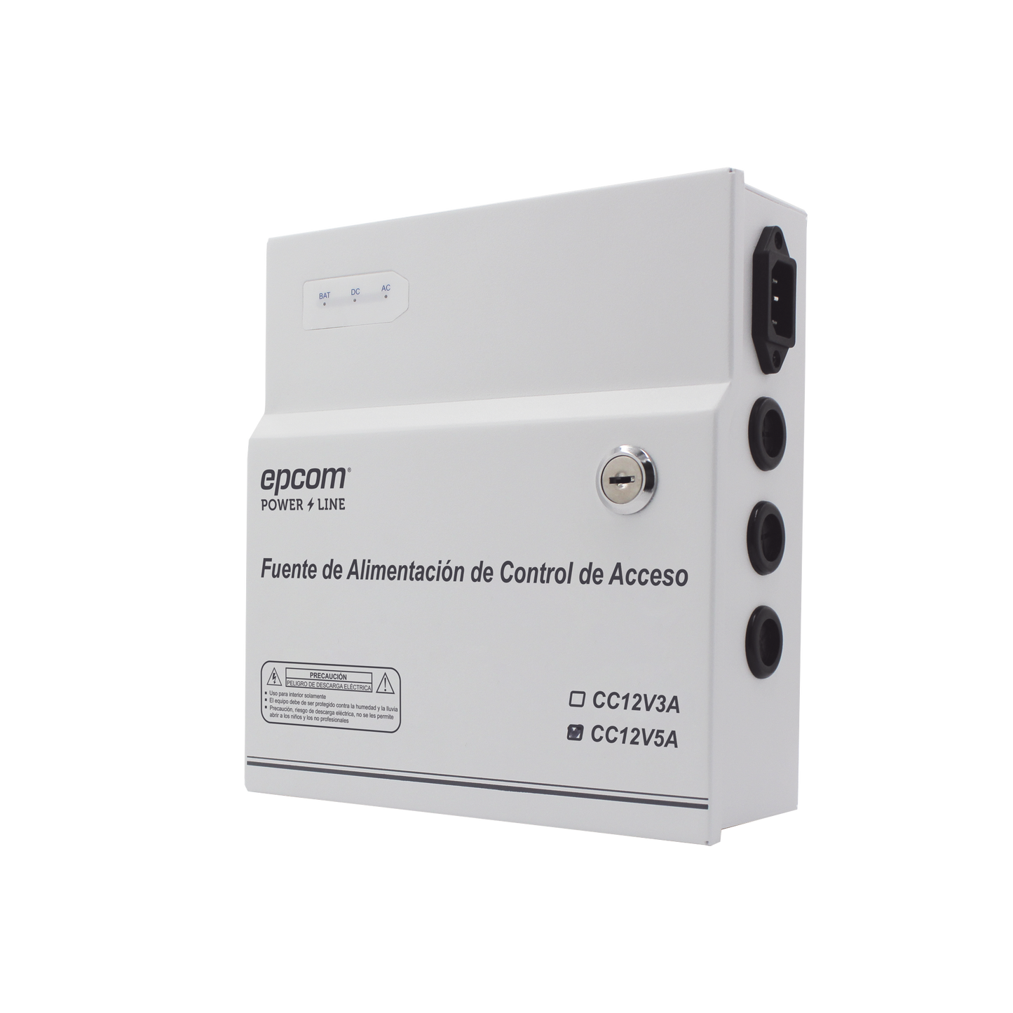 Fuente de Poder / 1 Salida 11-15 Vcc /  5 A / Temporizador Integrado / Con Capacidad de Batería de Respaldo / Requiere Batería / Aplicaciones en sistemas de control de Acceso