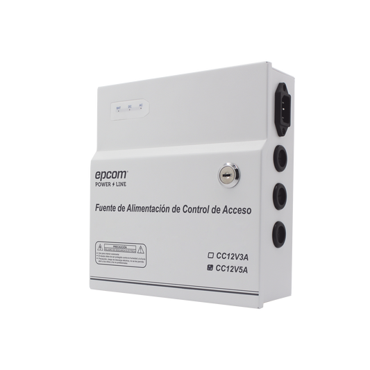 Fuente de Poder / 1 Salida 11-15 Vcc /  5 A / Temporizador Integrado / Con Capacidad de Batería de Respaldo / Requiere Batería / Aplicaciones en sistemas de control de Acceso