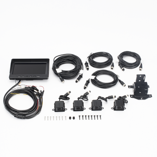 Sistema de Monitoreo Local / 4 Cámaras 1080p para Exterior (IP68) y Pantalla LCD de 7" a Color / Memoria Micro SD de 64 GB (Expandible a 512 GB) / Soporta Cambio de Cámara al Dar Reversa al Vehiculo / Accesorios de Instalación