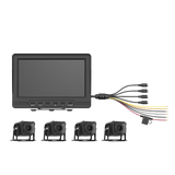 Sistema de Monitoreo Local / 4 Cámaras 1080p para Exterior (IP68) y Pantalla LCD de 7" a Color / Memoria Micro SD de 64 GB (Expandible a 512 GB) / Soporta Cambio de Cámara al Dar Reversa al Vehiculo / Accesorios de Instalación