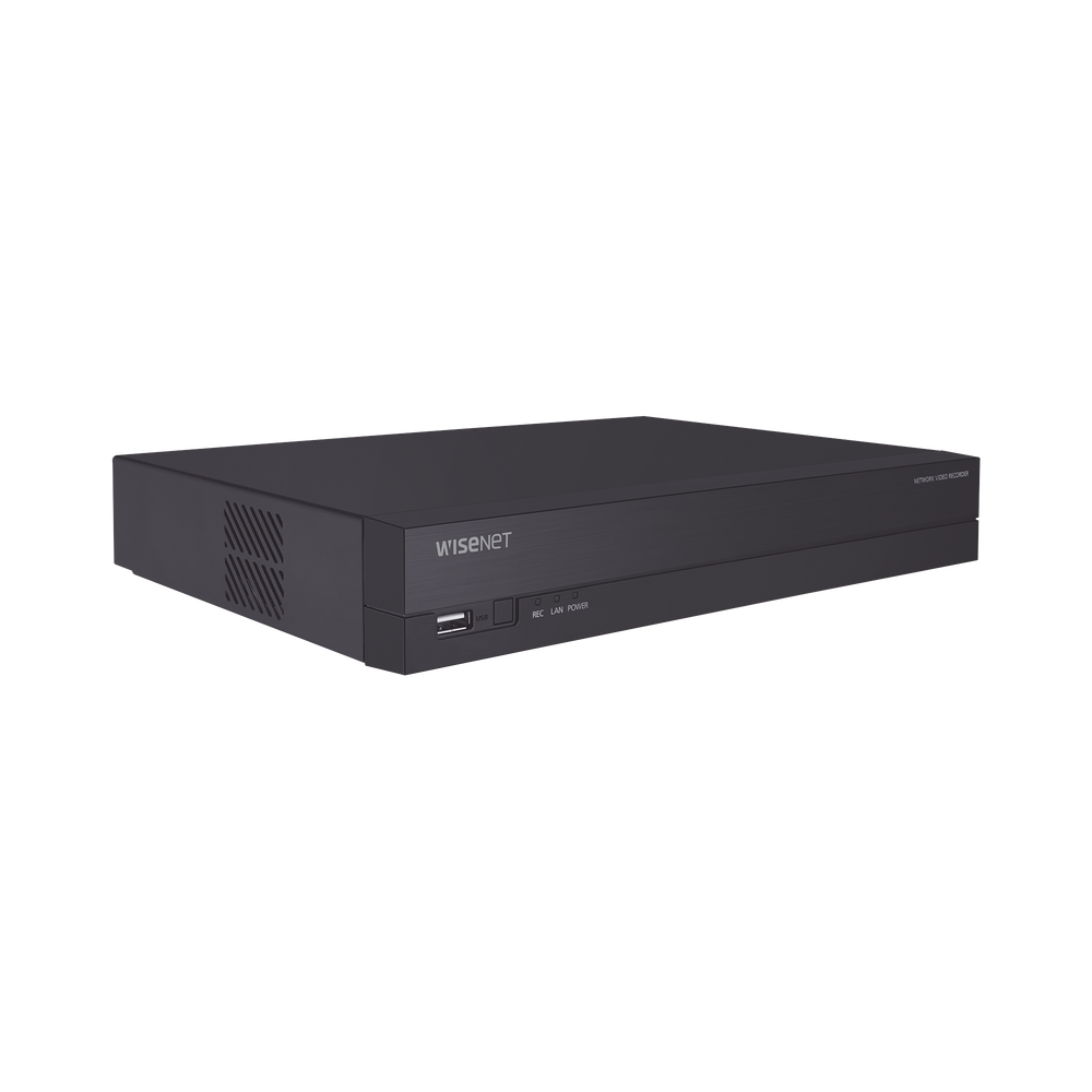NVR 4 canales grabacion hasta 8MP / H.265, H.264 / P2P Wisenet / 4 puertos PoE Plug and play / soporta 1 disco duro (no incluido).
