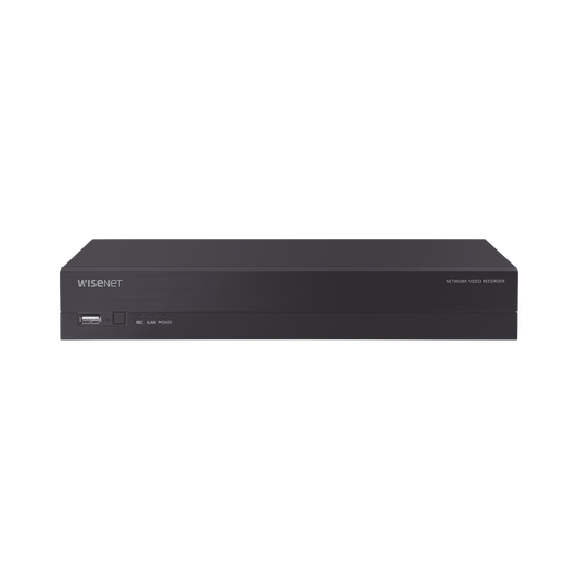 NVR 4 canales grabacion hasta 8MP / H.265, H.264 / P2P Wisenet / 4 puertos PoE Plug and play / soporta 1 disco duro (no incluido).