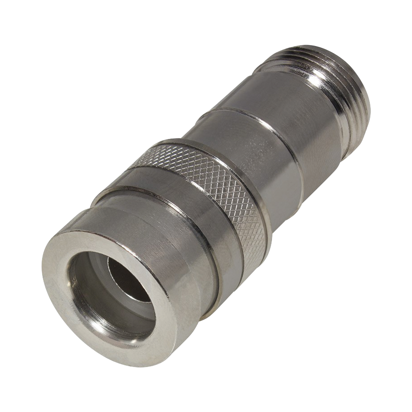 Conector N Hembra de Compresión, en Línea para LMR-400, CNT-400, RG-8/U, Plata/ Oro/ Teflón.