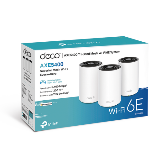 Kit 3 Routers Inalámbricos MESH Interior para Hogar / Doble Banda Wi-Fi 6E AX5400 Mbps / 3 Puerto Gigabit WAN/LAN / 4 Antenas Internas / Administración Mediante la App Deco (iOS, Android) / Protección HomeShield