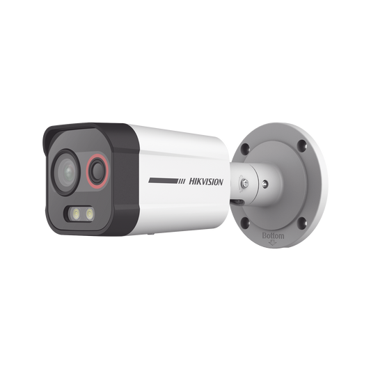 Cámara Bala IP Térmica y Óptica Biespectral / Análisis de Video (VCA) para Protección Perimetral / Clasifica Vehículo/Humano / Térmica 96 x 72 / Óptica 4 MP ColorVu / IP67 / Audio y Alarma Visual