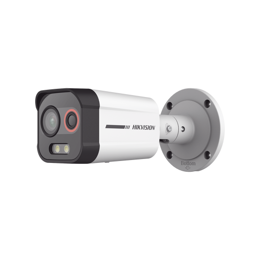 Cámara Bala IP Térmica y Óptica Biespectral / Detección Térmica de Incendios y Humos / Medición de Temperaturas / Alcance hasta 20.3 m / Térmica 96 x 72 / Óptica 4 MP ColorVu / IP67 / Audio y Alarma