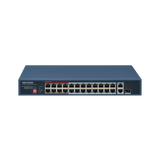 Switch PoE+ / No Administrable / 24 Puertos 10/100 Mbps PoE+ / 2 Puertos 1000 Mbps Uplink / 1 Puerto SFP Uplink / Modo Extendido hasta 300 Metros / 230 W