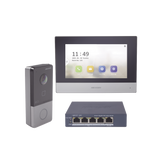 Kit de Videoportero IP + Switch Poe Poe Estandar con llamada a App de Smartphone (HikConnect) / Apertura con tarjeta MIFARE / Frente de calle IP65 / Soporta 1 Departamento