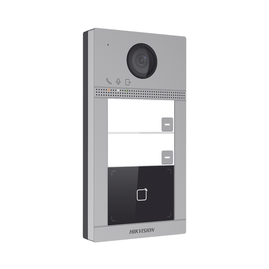Videoportero IP 2 Megapixel / Llamada y Apertura Remota desde App Hik-Connect (requiere monitor) / PoE / Exterior IP65 + Antivandalico IK08 / 2 Departamentos / Apertura con Tarjeta / Soporta 2 Puertas y hasta 6 Monitores