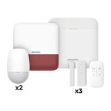 (AX PRO) KIT de Alarma AX PRO / Incluye: 1 Hub con batería de respaldo / 2 Sensores PIR / 3 Contactos Magnéticos mini / 1 Control Remoto / 1 Sirena Inalambrica Exterior color rojo  / WiFi / Compatible con Hik-Connect P2P