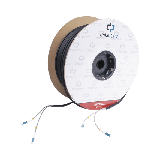 Carrete de Fibra Óptica Monomodo con conectores LC-LC Duplex, Reforzada con Kevlar, de 200 metros, Para instalaciones subterráneas por tubería