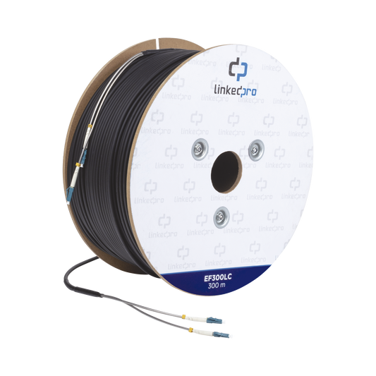Carrete de Fibra Óptica Monomodo con conectores LC-LC Duplex, Reforzada con Kevlar, de 300 metros, Para instalaciones subterráneas por tubería