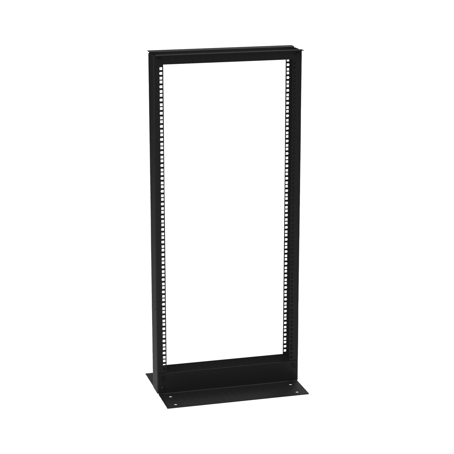Rack de 2 Postes (Doble Perforación), Estándar 19", 24 Unidades, Fabricado en Acero, Base "L" para Anclar a Piso.