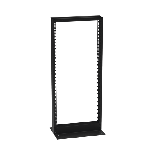 Rack de 2 Postes (Doble Perforación), Estándar 19", 24 Unidades, Fabricado en Acero, Base "L" para Anclar a Piso.