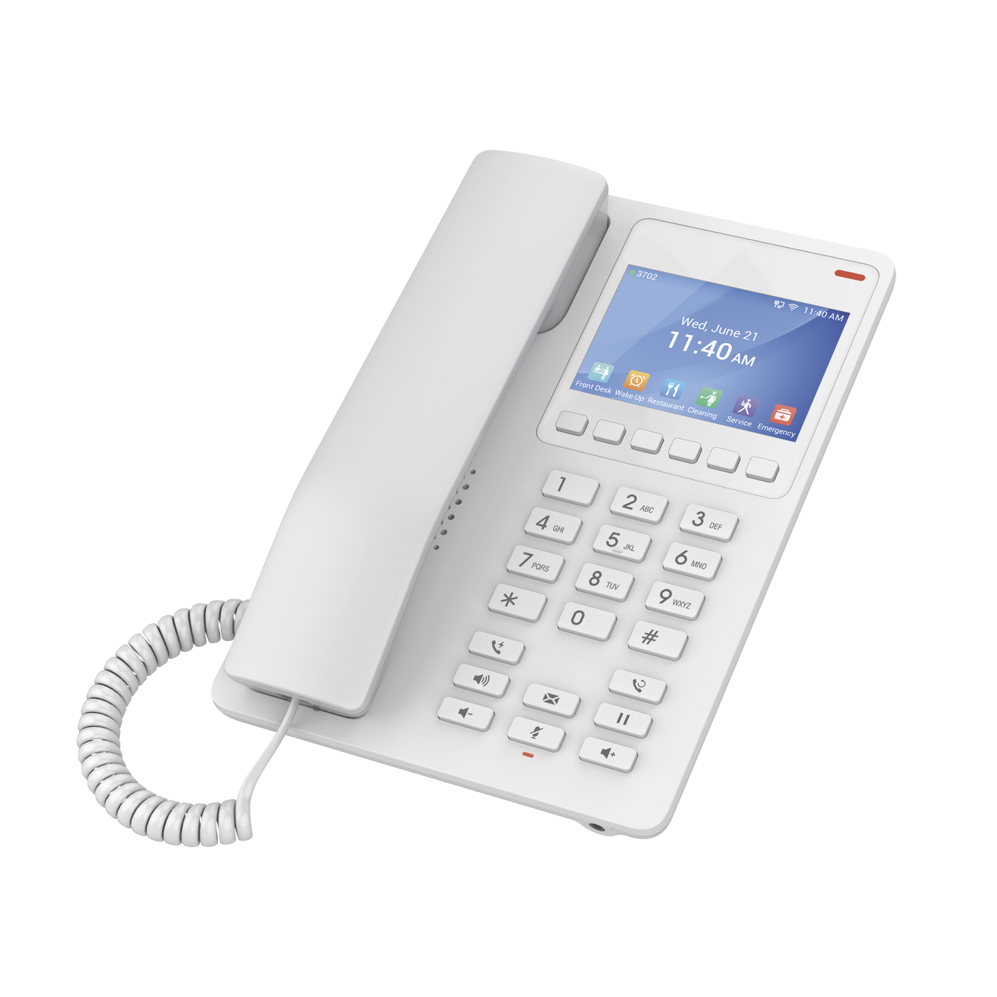 Teléfono IP WiFi Hotelero con pantalla LCD a color, 2 líneas SIP con 2 cuentas, codec Opus, IPV4/IPV6, color blanco, con gestión en la nube GDMS