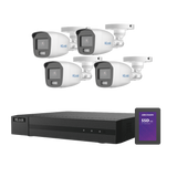 Kit TurboHD 1080p + SSD 500 GB / DVR 4 Canales / 4 Cámaras Bala ColorVu con Micrófono Integrado / Fuente de Poder / Accesorios de Instalación