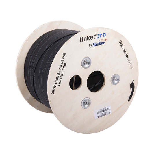 Carrete de 1 km de Fibra Óptica Drop, Interior/Exterior G.657A2 Monomodo de 2 hilos (bifibra), Diseñada para Fusionarse, Dieléctrica, Forro Negro , (No Soporta Conectores Mecánicos)