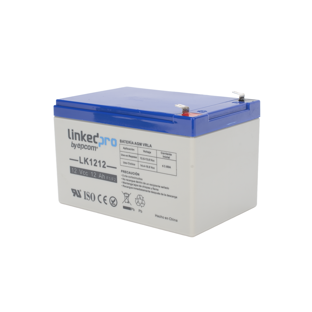 Batería 12 V / 12 Ah / UL / Tecnología AGM / Vida útil promedio de 5 años / Uso en equipo electrónico / Intrusión / Incendio/ Control de acceso / Video Vigilancia / Terminales F1 ( Incluye adaptador F2 )