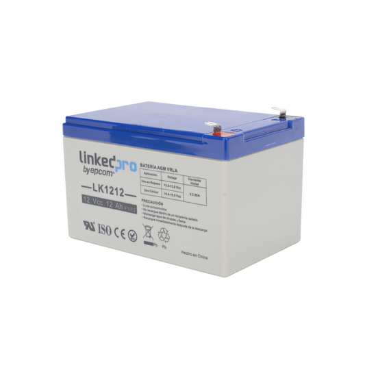 Batería 12 V / 12 Ah / UL / Tecnología AGM / Vida útil promedio de 5 años / Uso en equipo electrónico / Intrusión / Incendio/ Control de acceso / Video Vigilancia / Terminales F1 ( Incluye adaptador F2 )