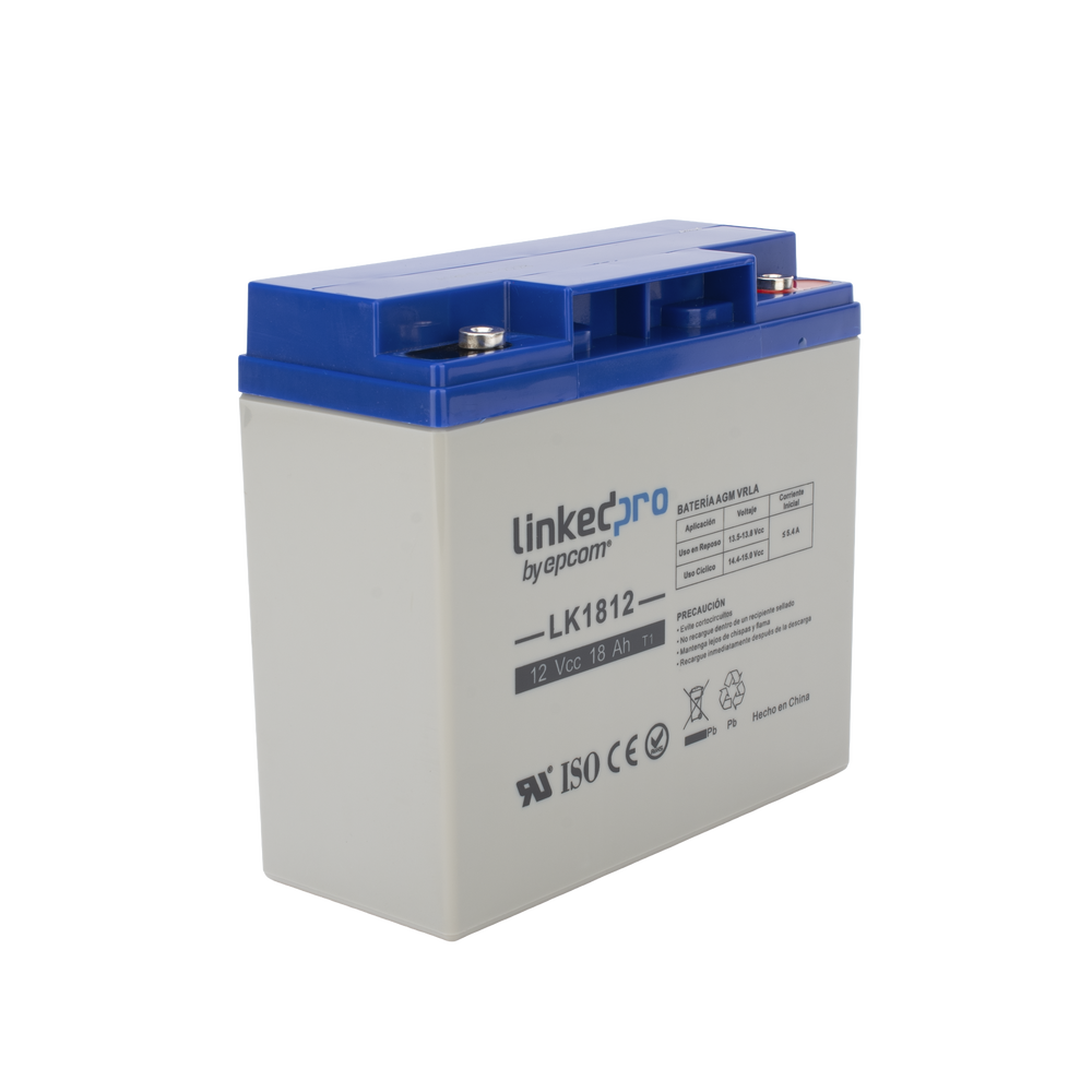 Batería 12 V / 18 Ah / UL / Tecnología AGM / Vida útil promedio de 5 años / Para uso en equipo electrónico, Alarmas de Intrusión / Incendio/ Control de acceso / Video Vigilancia / Terminales T1