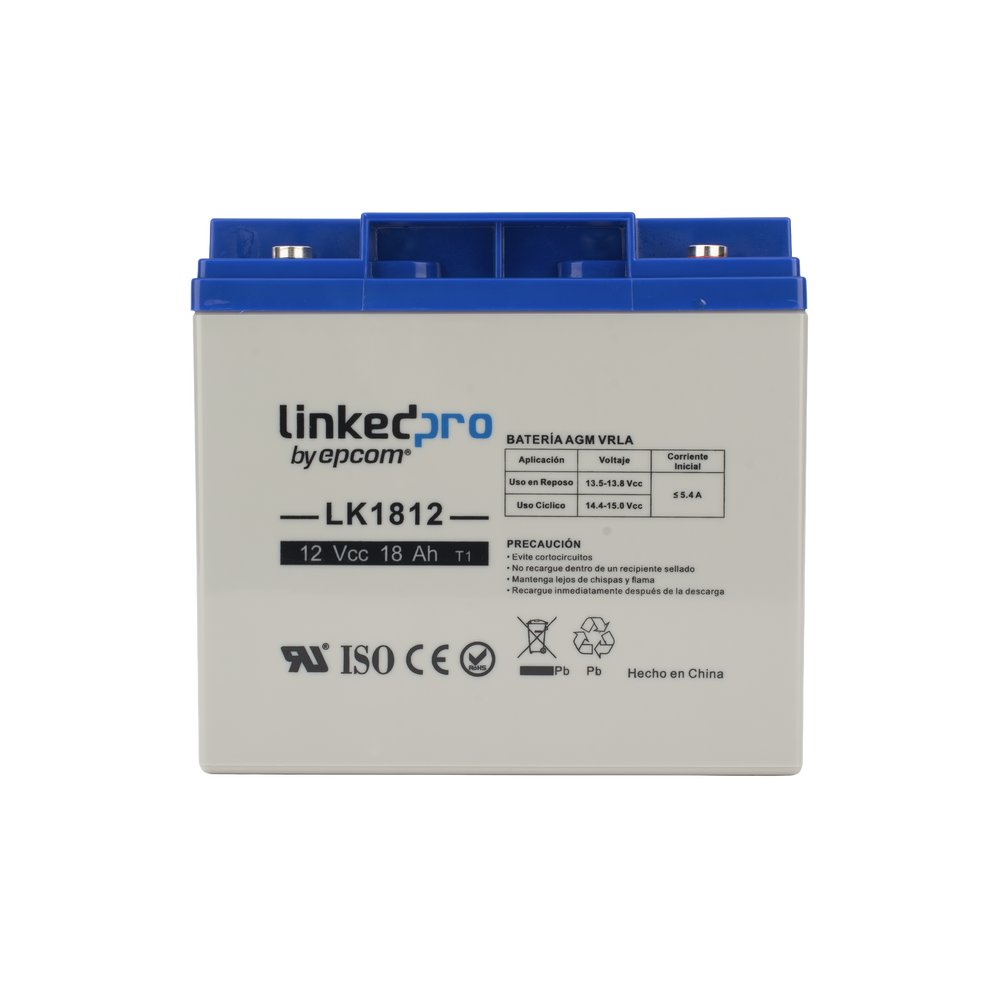 Batería 12 V / 18 Ah / UL / Tecnología AGM / Vida útil promedio de 5 años / Para uso en equipo electrónico, Alarmas de Intrusión / Incendio/ Control de acceso / Video Vigilancia / Terminales T1