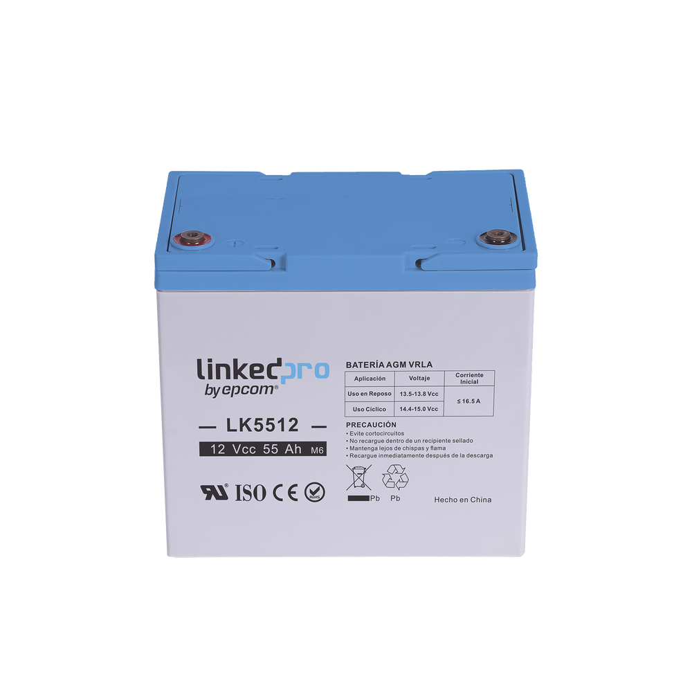 Batería 12 V / 55 Ah / UL / Tecnología AGM / Vida útil promedio de 5 años / Para uso en equipo electrónico, Alarmas de Intrusión / Incendio/ Control de acceso / Video Vigilancia / T2