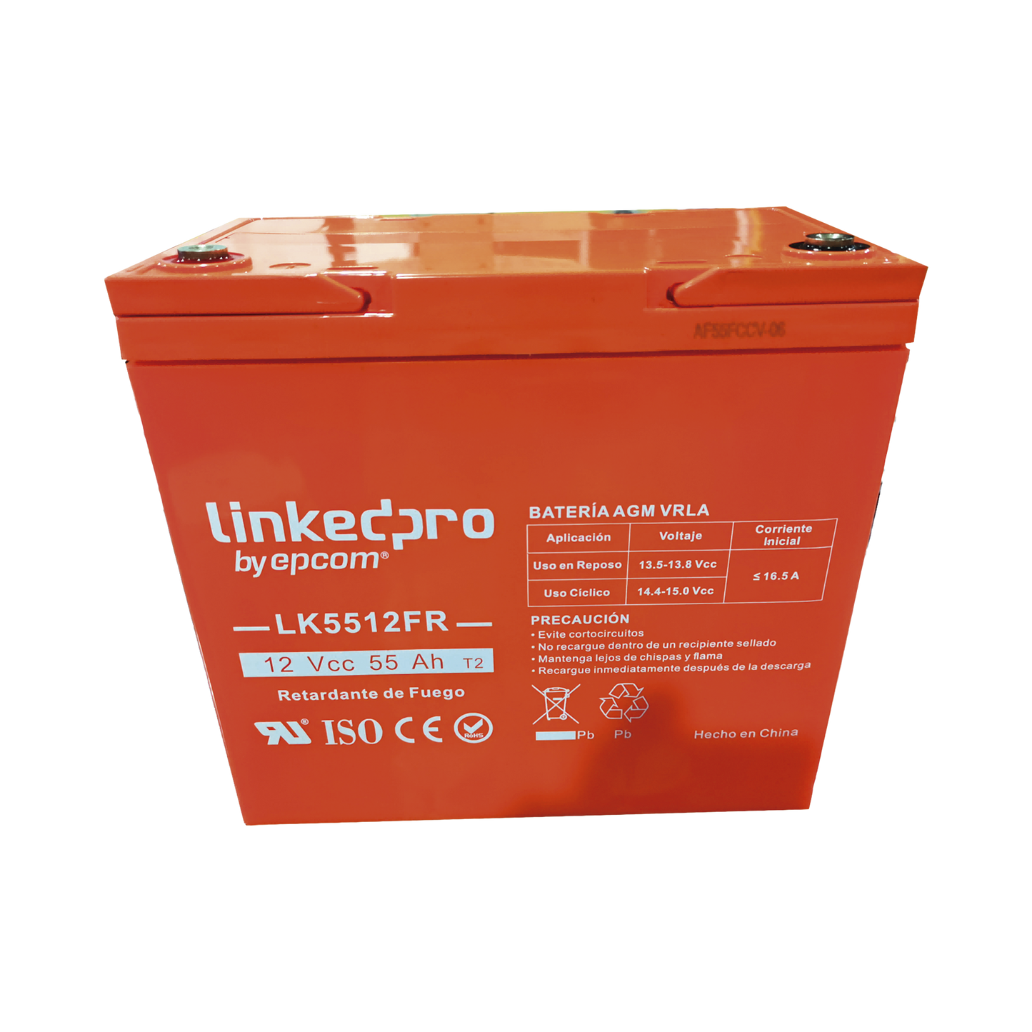 Batería 12 V / 55 Ah / UL / Tecnología AGM-VRLA / Vida útil promedio de 5 años / Retardo a la flama / Para uso en equipo electrónico, Alarmas de Intrusión / Incendio/ Control de acceso / Video Vigilancia / Termina