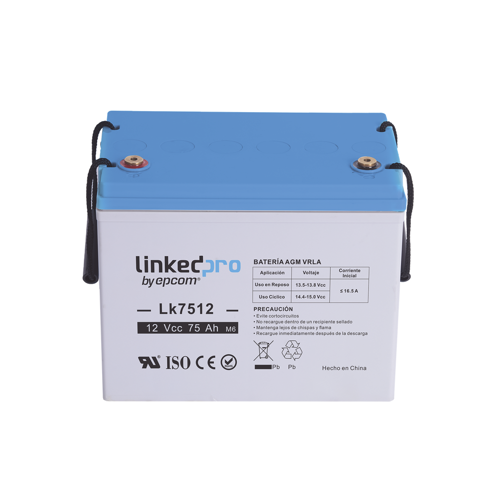 Batería 12 Vcc / 75 Ah / UL / Tecnología AGM-VRLA / Vida útil promedio de 5 años / Para uso en equipo electrónico / Sistemas de emergencia y aplicaciones fotovoltaicas Terminales T3