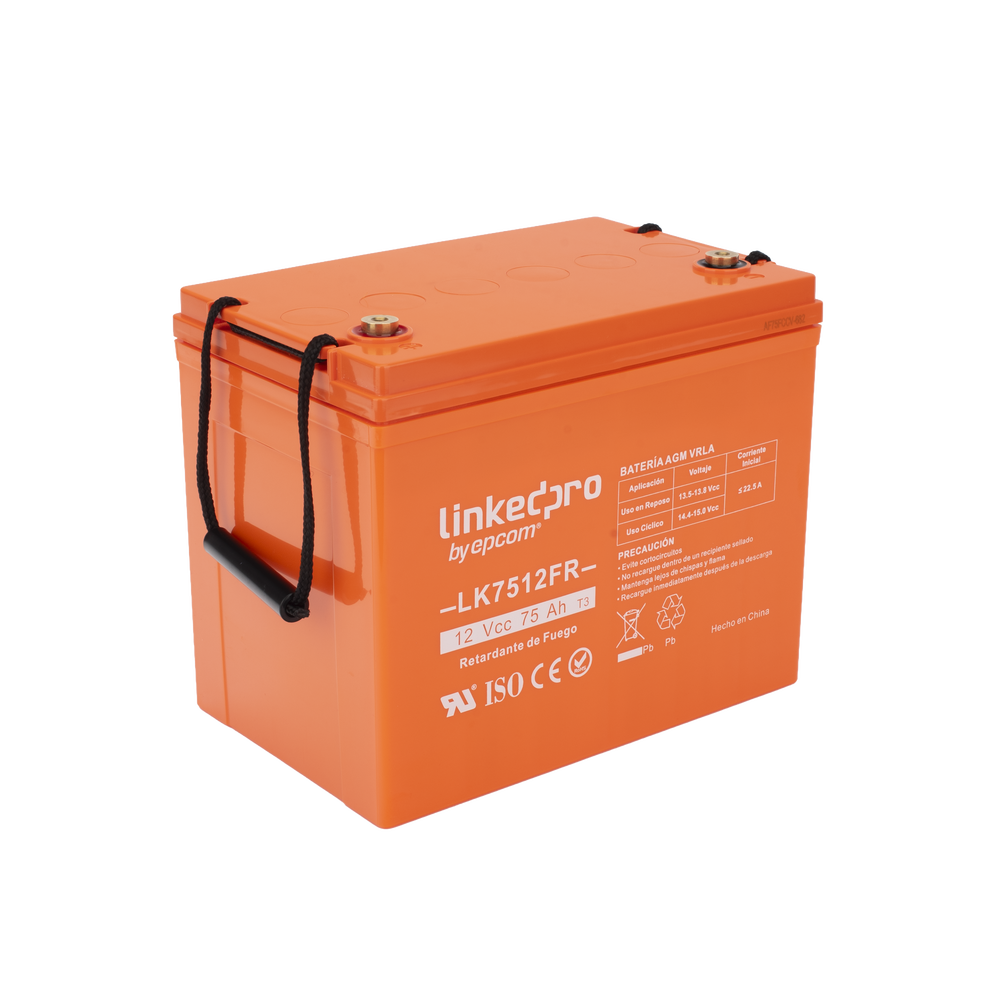 Batería 12 V / 75 Ah / UL / Tecnología AGM-VRLA / Vida útil promedio de 5 años / Retardo a la flama / Para uso en equipo electrónico, Alarmas de Intrusión / Incendio/ Control de acceso / Video Vigilancia / Termina